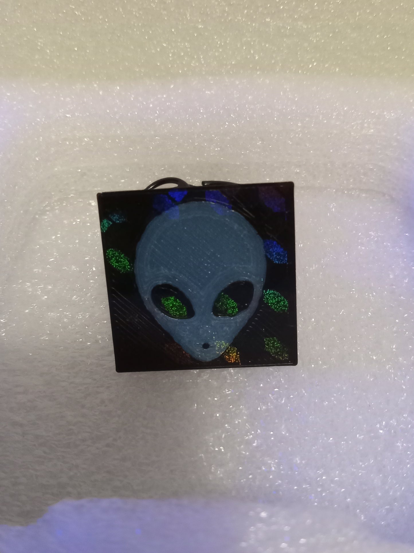 Black Pyramid Keychain with Glow In The Dark Alien Head and Top - Blue