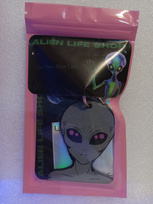 Galactic Grey/Pink Alien Keychain: A Cosmic Ambassador