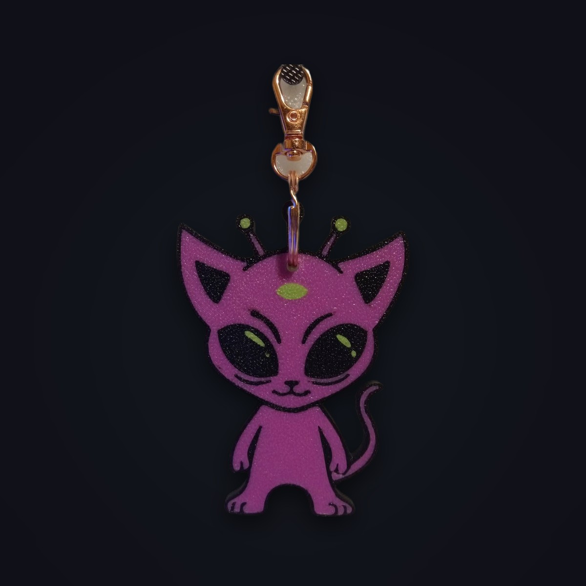 Cosmic Cat keychain: pink alien cat with antennae and a third eye